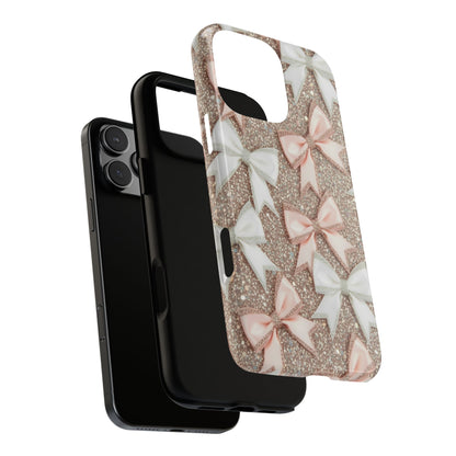 Glitter Bow Tough Phone Case — Pink & White Ribbon Protective Cover