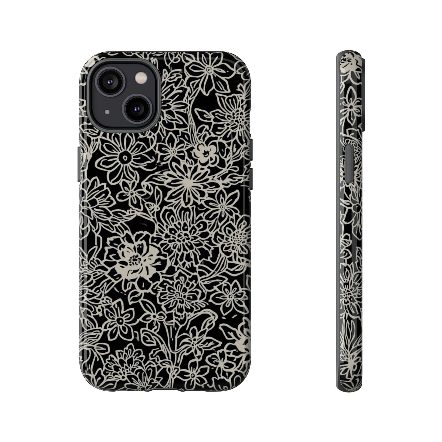 Floral Doodle Tough Phone Case — Black & White Sketch Flower Protective Cover