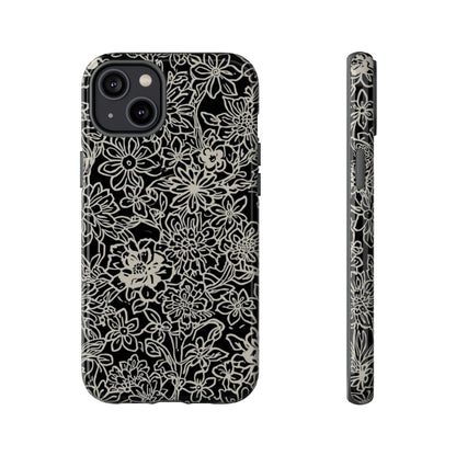 Floral Doodle Tough Phone Case — Black & White Sketch Flower Protective Cover