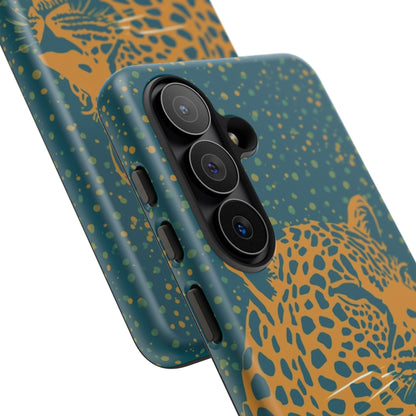 Leopard Print Tough Phone Case — Gold Panther on Teal, Protective iPhone Cover
