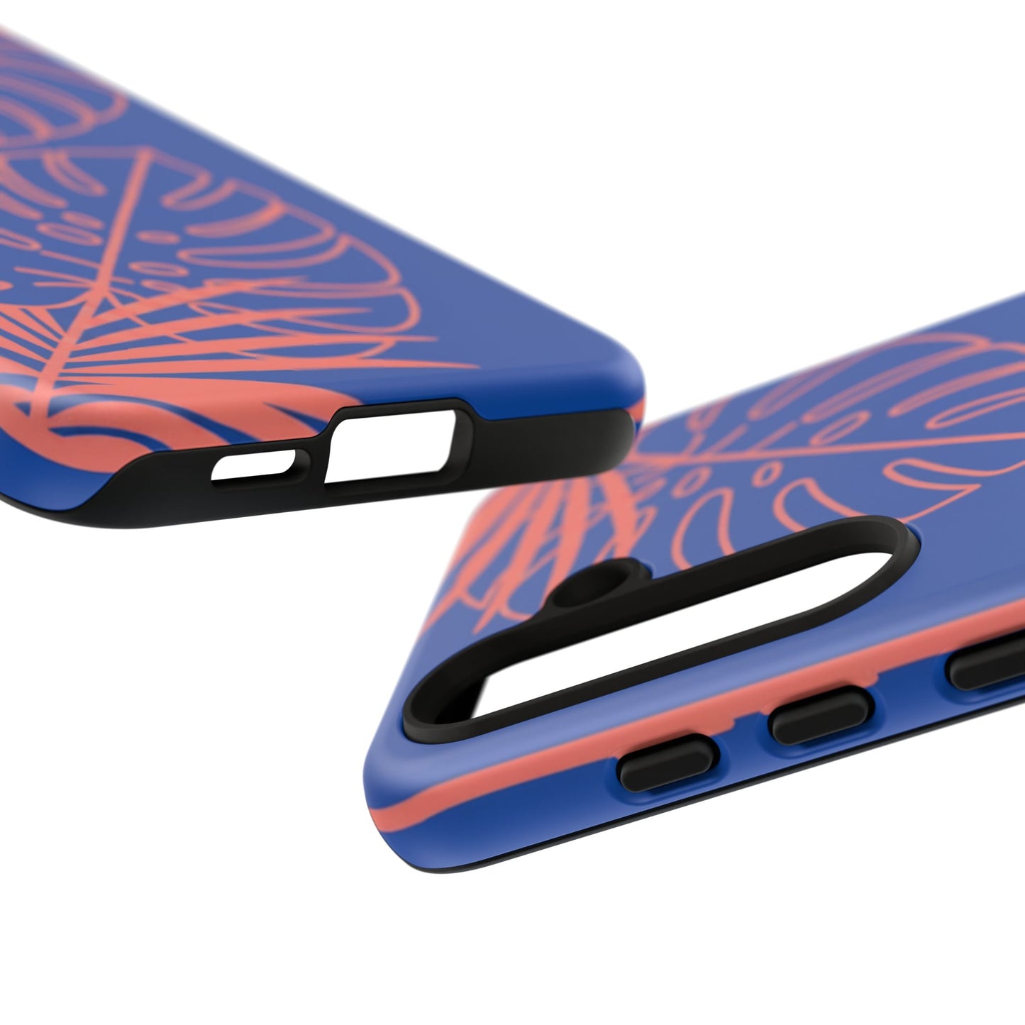 Tropical Monstera Phone Case — Blue & Coral Leaf Protective Cover