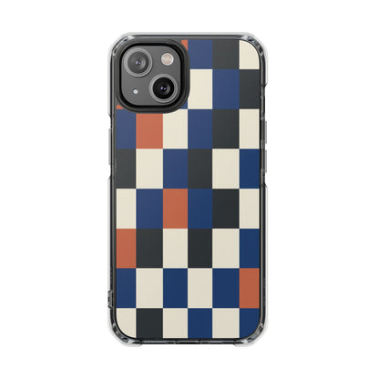 Clear Magnetic Phone Case — Retro Checkerboard Pattern (Blue, Black & Rust)