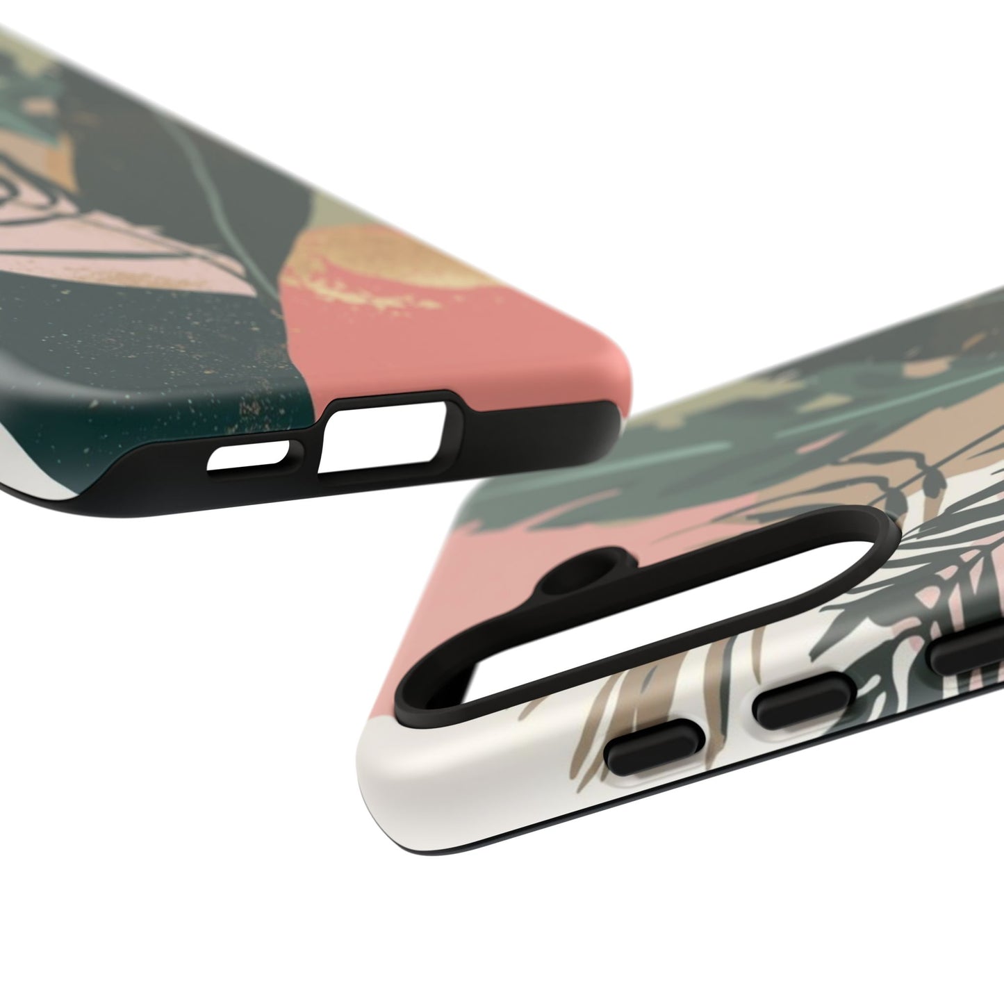 Tropical Leaf Tough Phone Case — Abstract Pink & Green Botanical Protective Cover