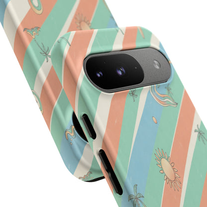 Retro Beach Stripes Phone Case — Sun, Waves & Palm Pattern Tough Case