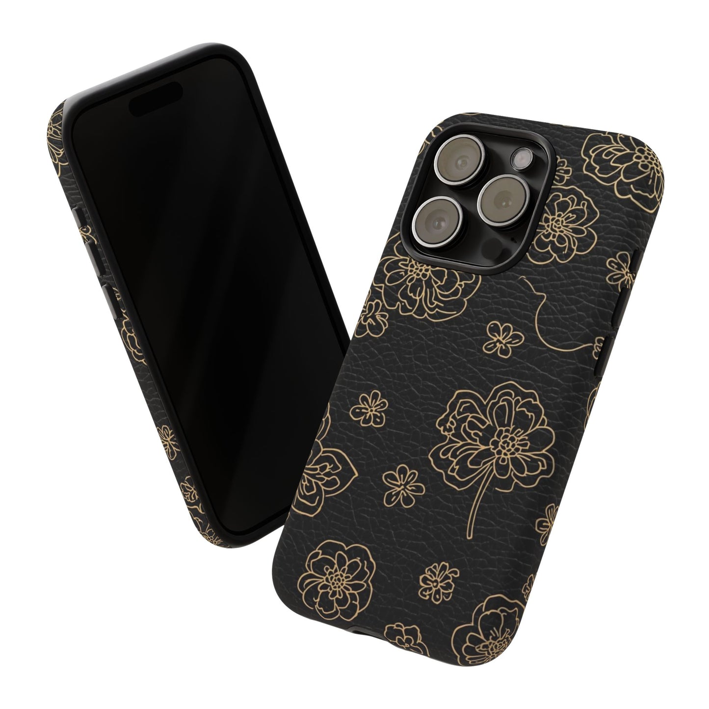 Floral Leather-Texture Tough Case – Black Gold Outline Phone Cover