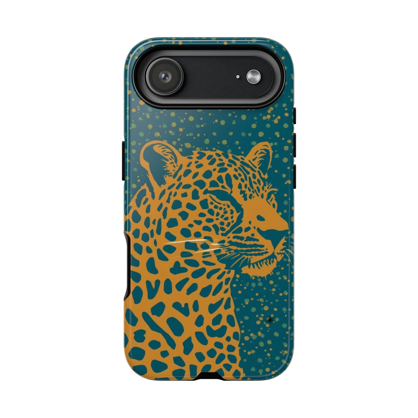 Leopard Print Tough Phone Case — Gold Panther on Teal, Protective iPhone Cover