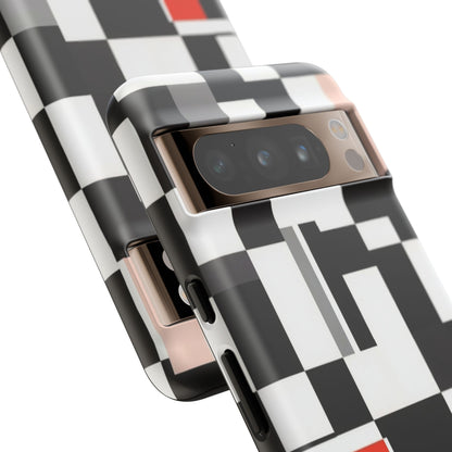 Abstract Geometric Phone Case – Black & White Checker Grid with Red Accent