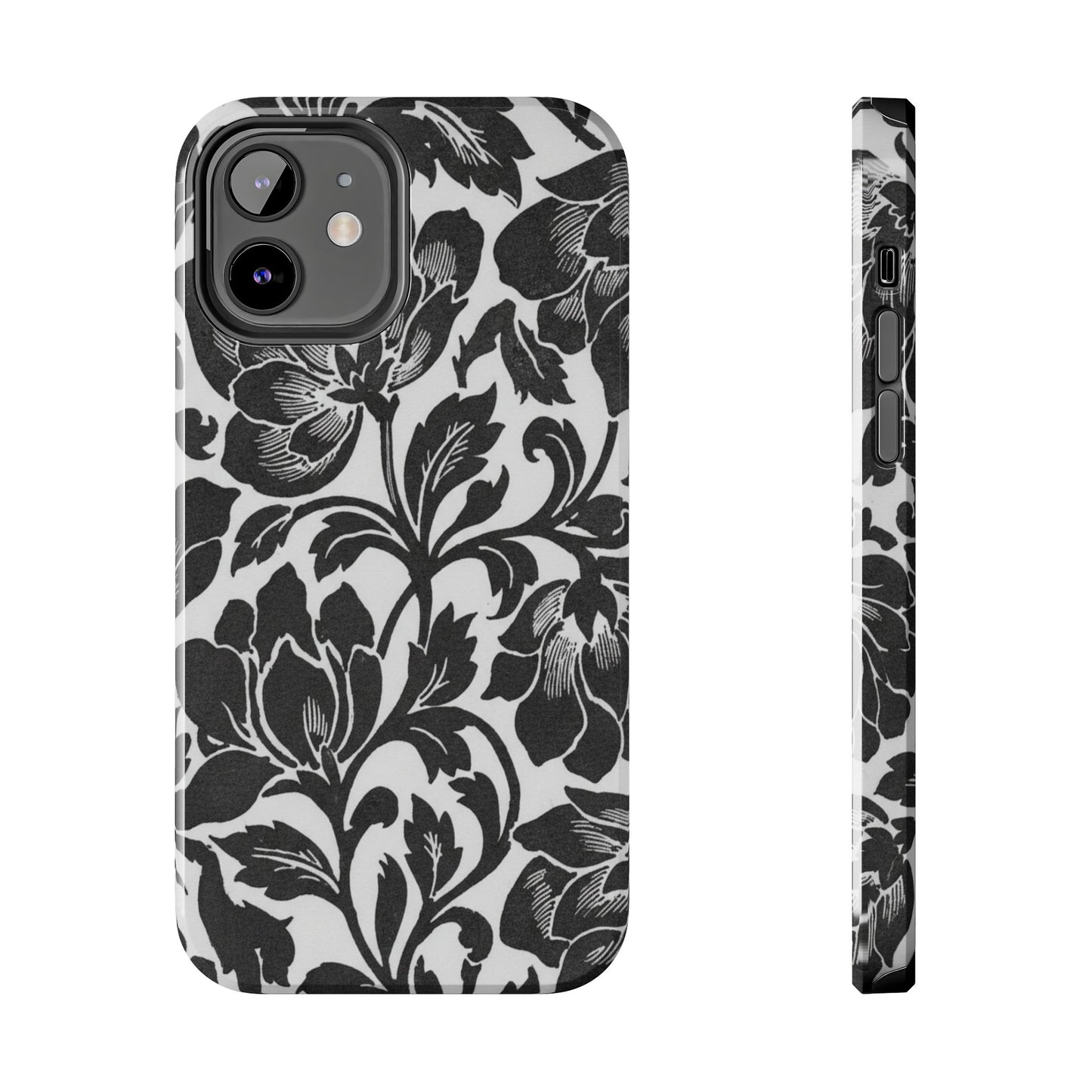 Tough Phone Case — Black & White Vintage Floral Protective Cover