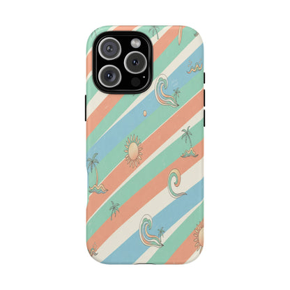 Retro Beach Stripes Phone Case — Sun, Waves & Palm Pattern Tough Case