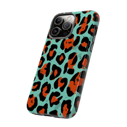 Leopard Print Tough Phone Case — Teal & Rust Protective iPhone Cover