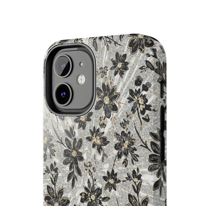 Floral Vintage Tough Phone Case — Black & Gray Rustic Flower Protective Case