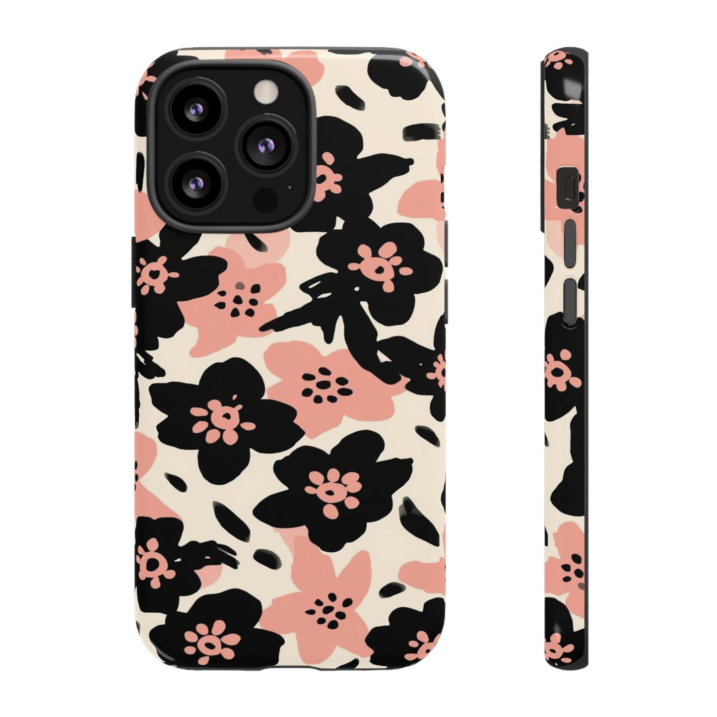 Floral Phone Case — Pink & Black Retro Blossom Protective Cover