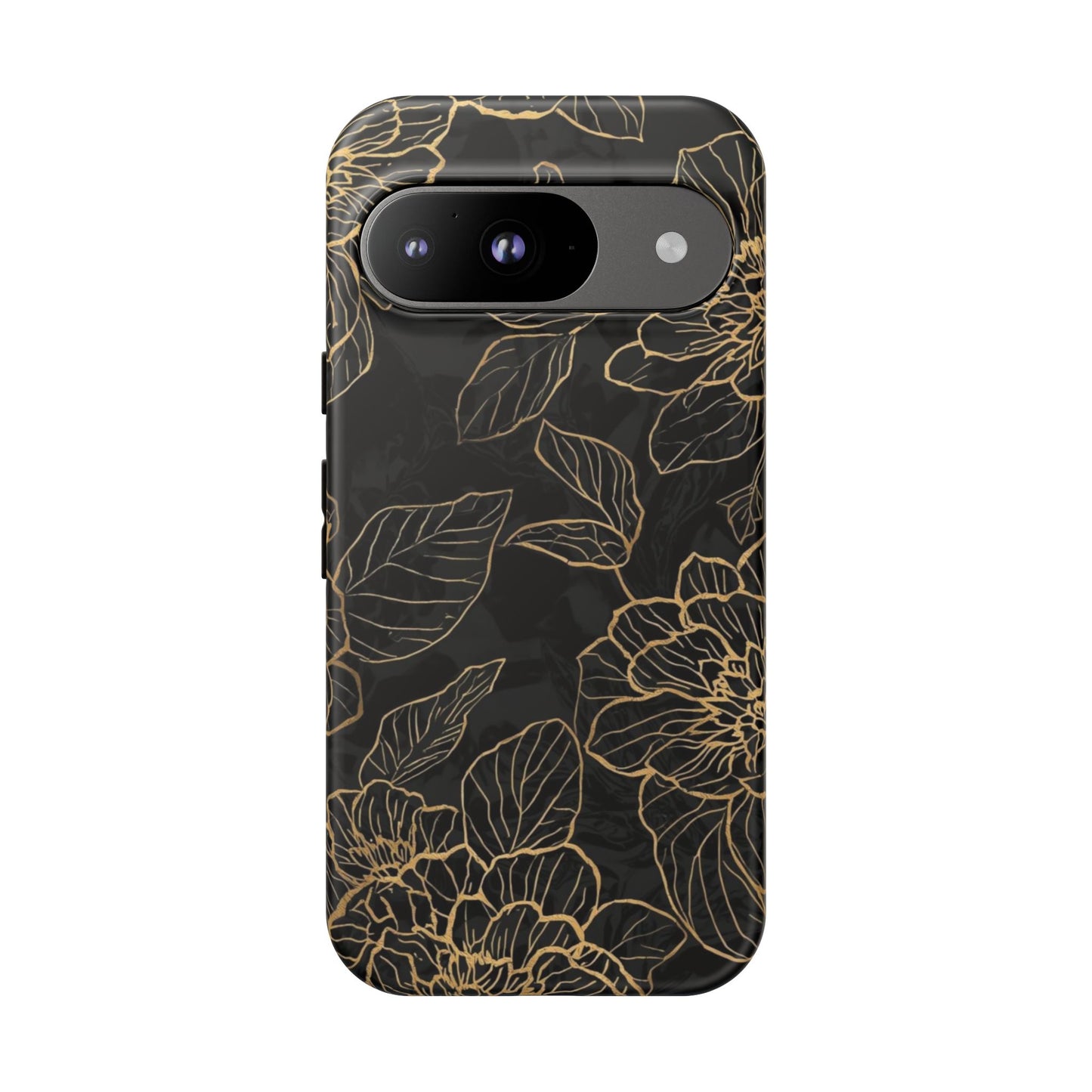Floral Gold Outline Tough Phone Case – Black Botanical Protective Cover