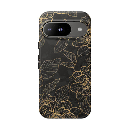 Floral Gold Outline Tough Phone Case – Black Botanical Protective Cover