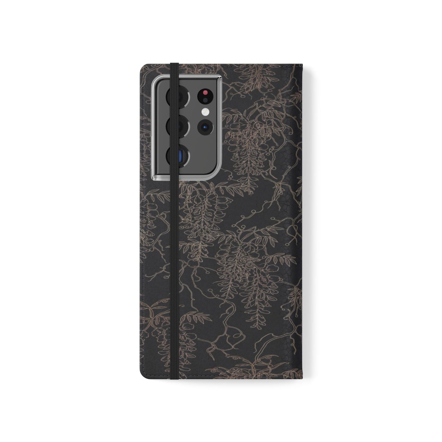 Botanical Noir Flip Phone Case — Dark Floral Wallet Cover with Card Slots