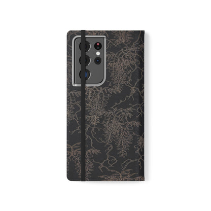 Botanical Noir Flip Phone Case — Dark Floral Wallet Cover with Card Slots
