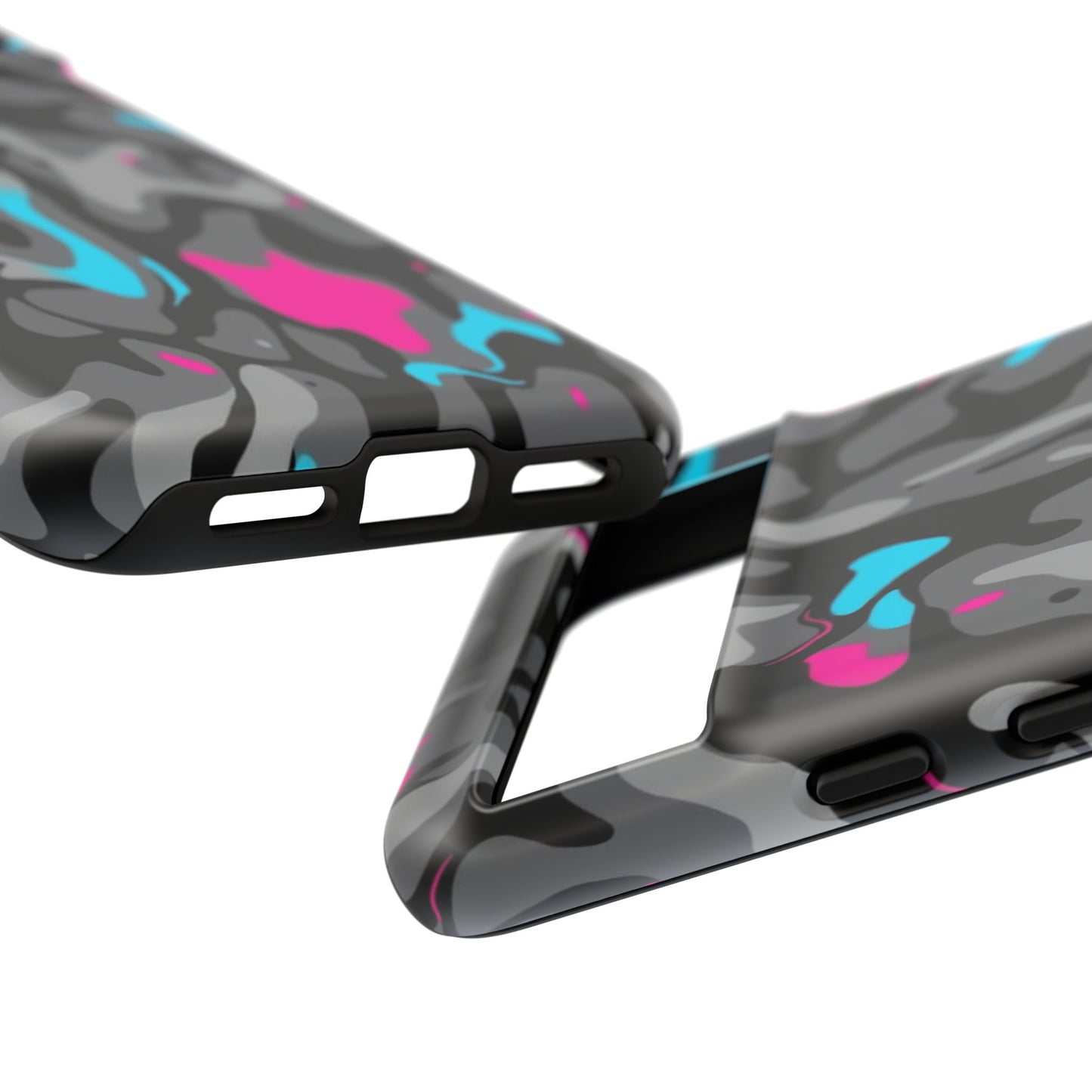 Camouflage Phone Case — Gray Camo with Neon Pink & Cyan Accent Tough Protective Cover