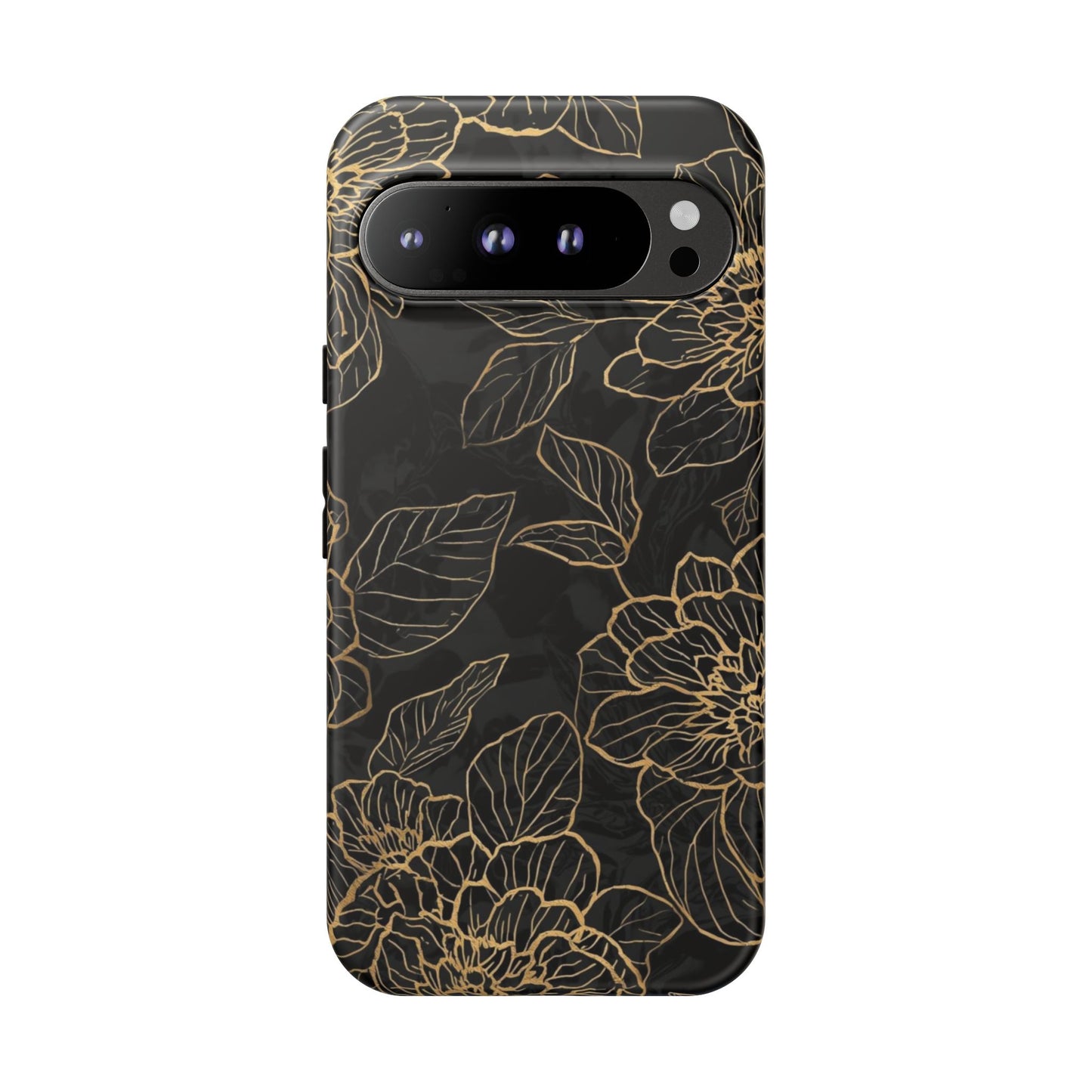 Floral Gold Outline Tough Phone Case – Black Botanical Protective Cover