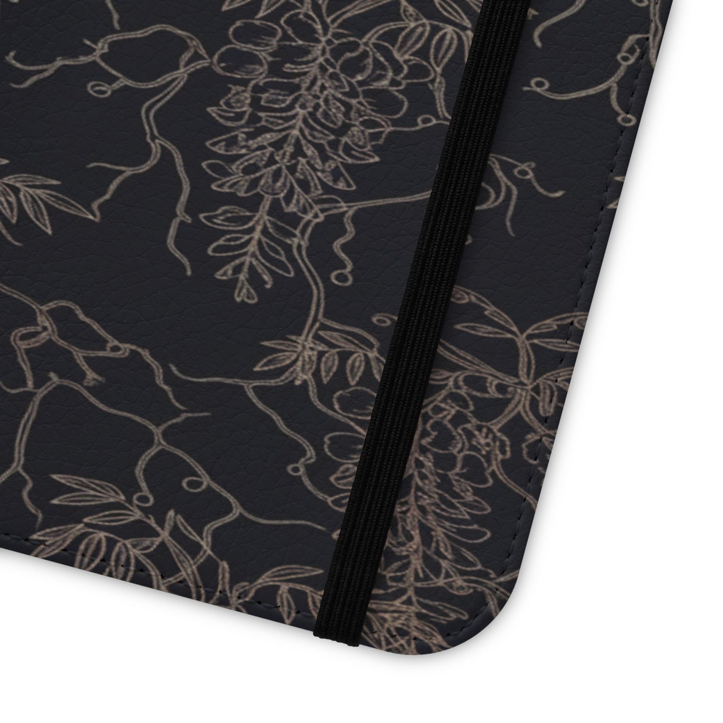 Botanical Noir Flip Phone Case — Dark Floral Wallet Cover with Card Slots