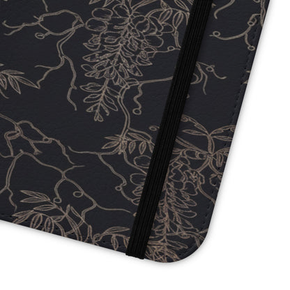 Botanical Noir Flip Phone Case — Dark Floral Wallet Cover with Card Slots
