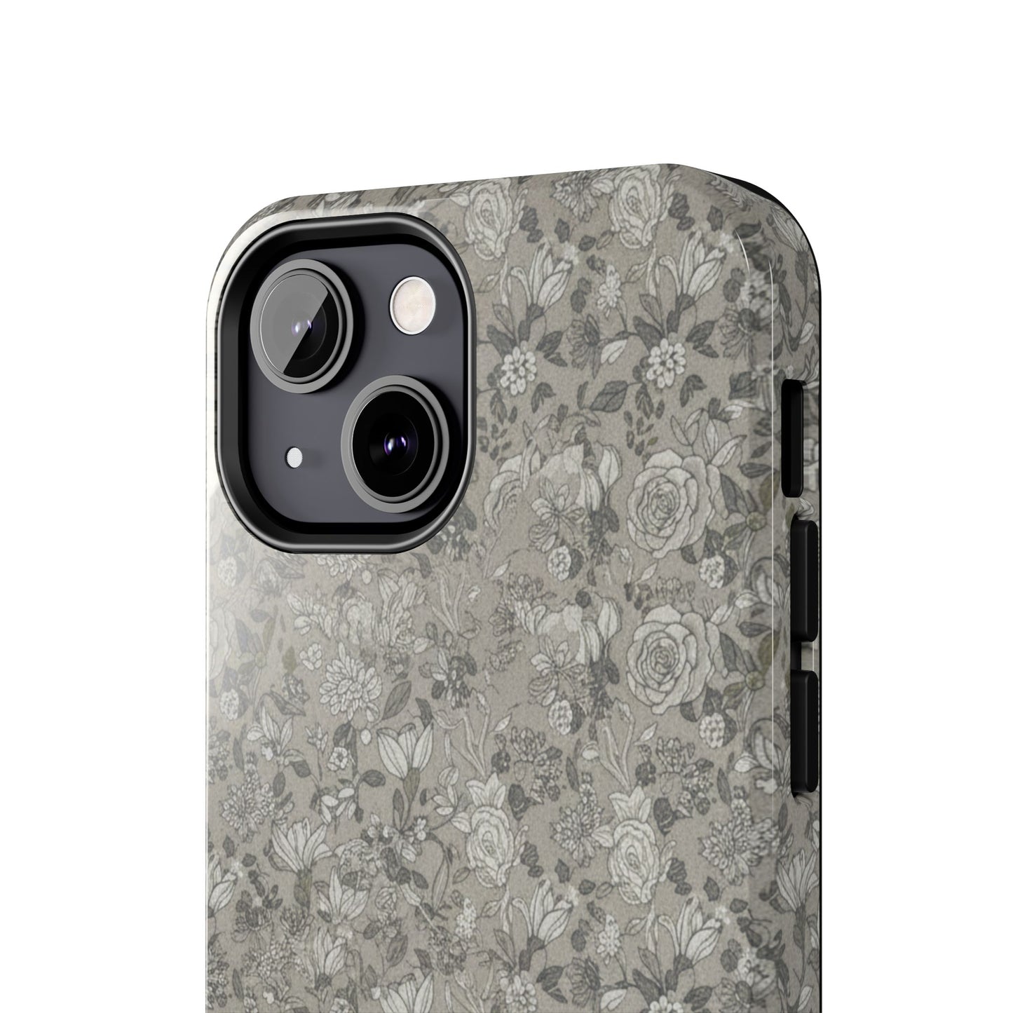 Gray Floral Tough Phone Case — Durable Protective Phone Cover with Vintage Botanical Pattern