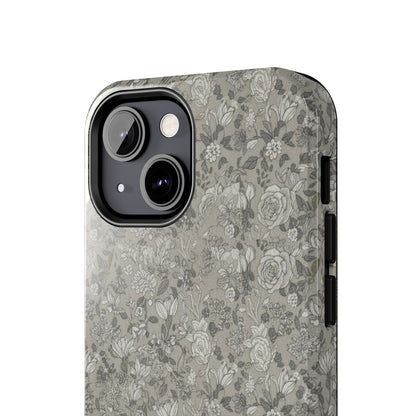 Gray Floral Tough Phone Case — Durable Protective Phone Cover with Vintage Botanical Pattern