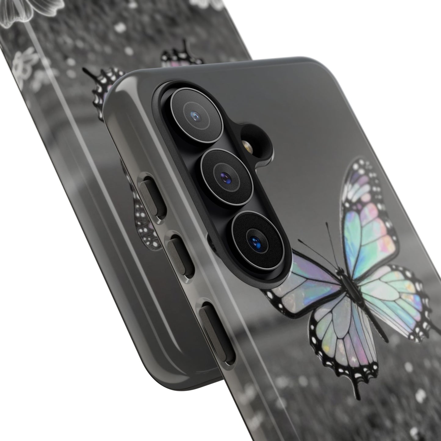 Butterfly Field Tough Phone Case — Pastel Holographic Butterfly on Black & White Floral Background