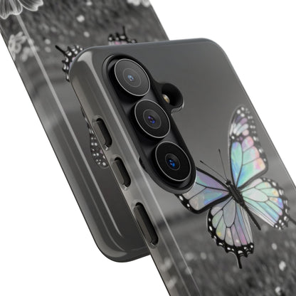 Butterfly Field Tough Phone Case — Pastel Holographic Butterfly on Black & White Floral Background