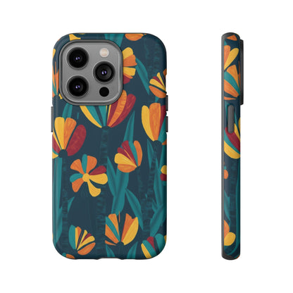 Floral Retro Teal Tough Phone Case — Vibrant Orange & Mustard Blooms
