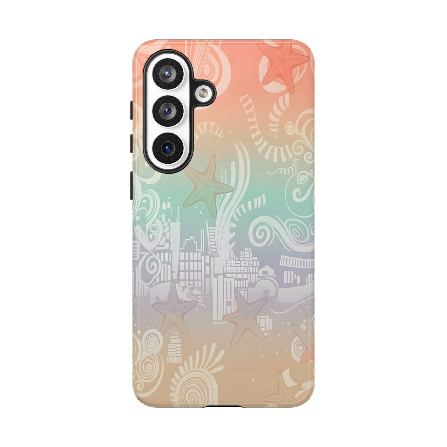 Tough Cases: Pastel Beach Pattern Phone Case — Starfish & Coastal Cityscape Protective Cover