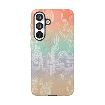 Tough Cases: Pastel Beach Pattern Phone Case — Starfish & Coastal Cityscape Protective Cover