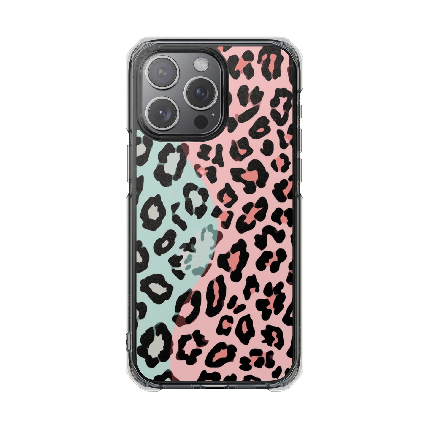 Clear Magnetic Phone Case — Pink & Mint Leopard Print