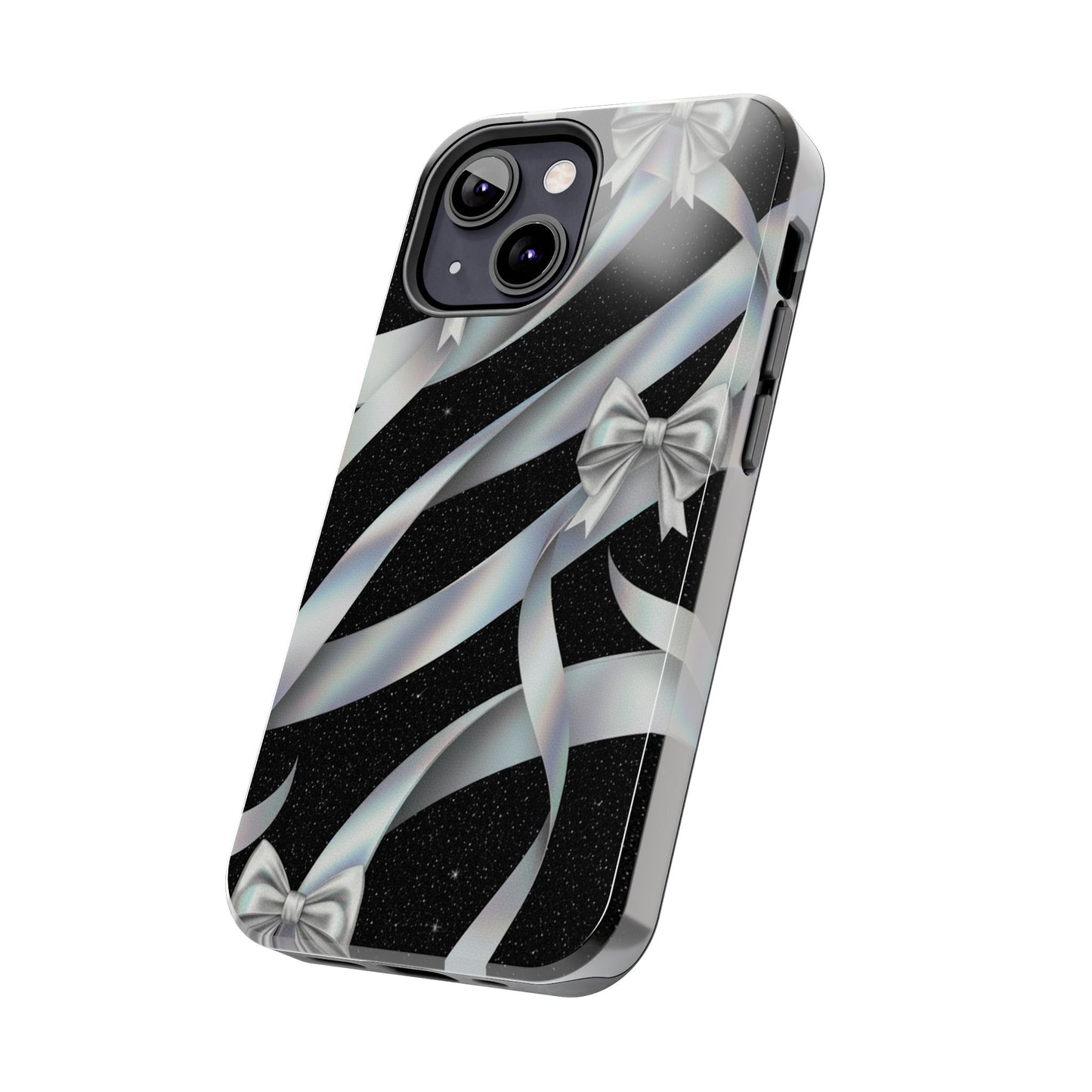 Silver Ribbon Bow Tough Phone Case — Glitter Black Protective Phone Case