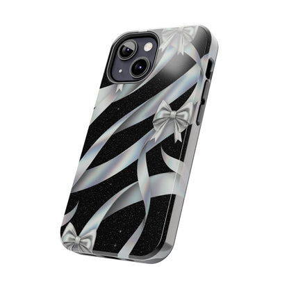 Silver Ribbon Bow Tough Phone Case — Glitter Black Protective Phone Case