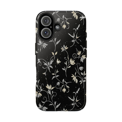 Floral Noir Tough Phone Case — Vintage Black Botanical Protective Cover