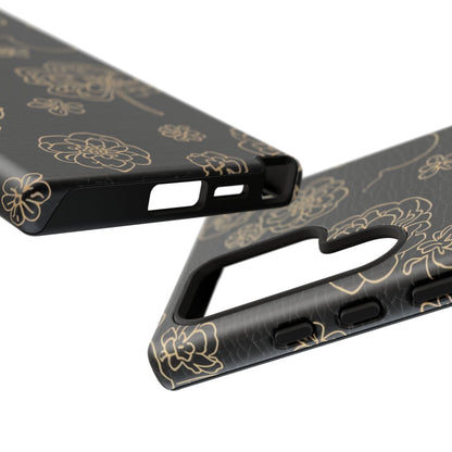 Floral Leather-Texture Tough Case – Black Gold Outline Phone Cover
