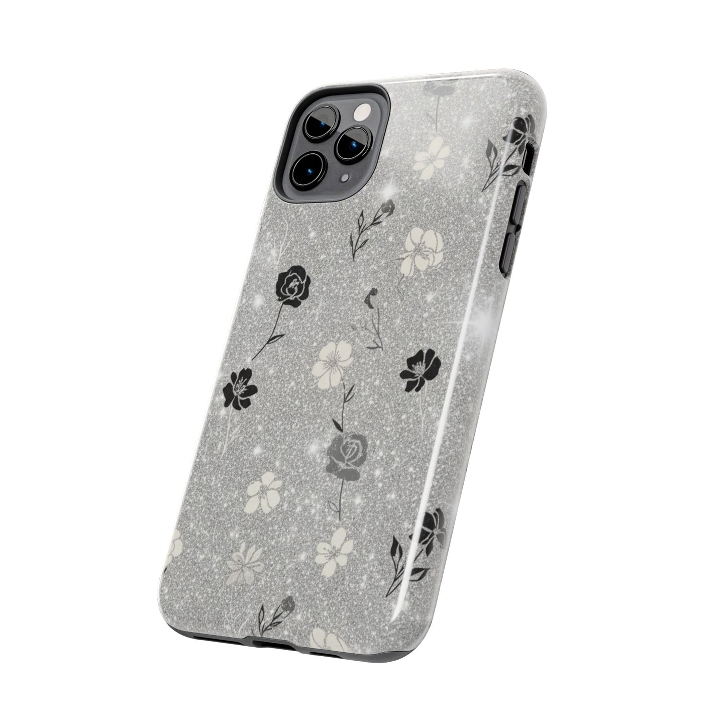 Floral Glitter Tough Phone Case — Black & Silver Vintage Flower Protective Cover