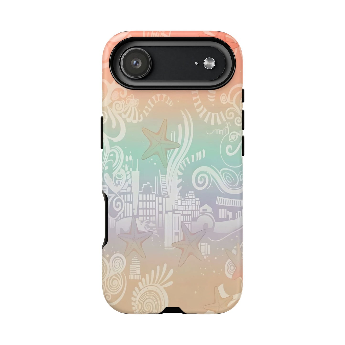 Tough Cases: Pastel Beach Pattern Phone Case — Starfish & Coastal Cityscape Protective Cover