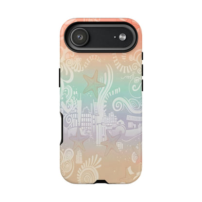 Tough Cases: Pastel Beach Pattern Phone Case — Starfish & Coastal Cityscape Protective Cover