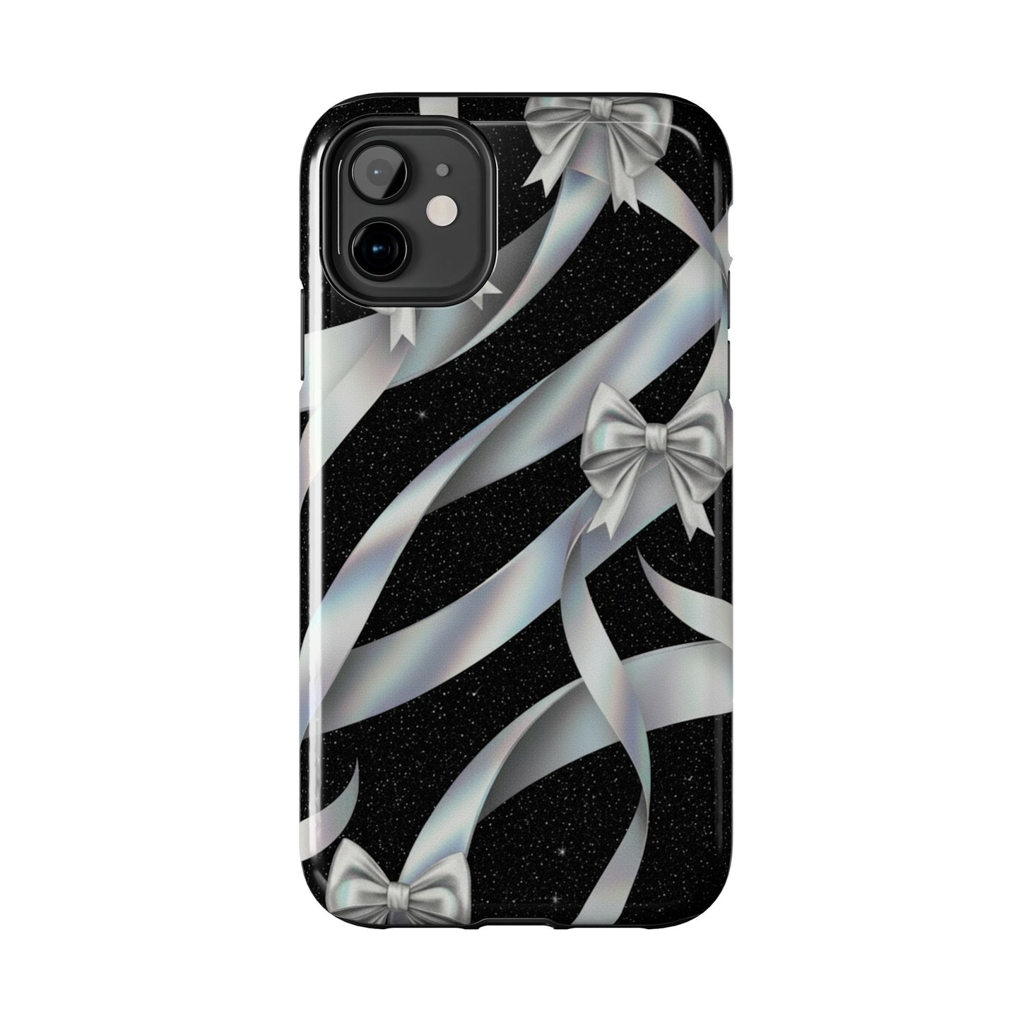 Silver Ribbon Bow Tough Phone Case — Glitter Black Protective Phone Case