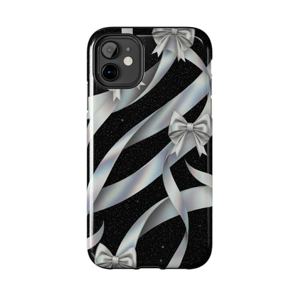 Silver Ribbon Bow Tough Phone Case — Glitter Black Protective Phone Case
