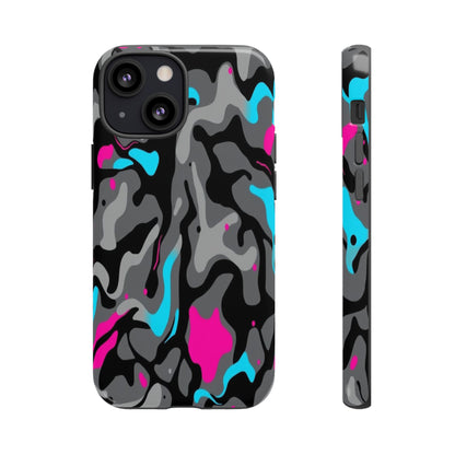 Camouflage Phone Case — Gray Camo with Neon Pink & Cyan Accent Tough Protective Cover