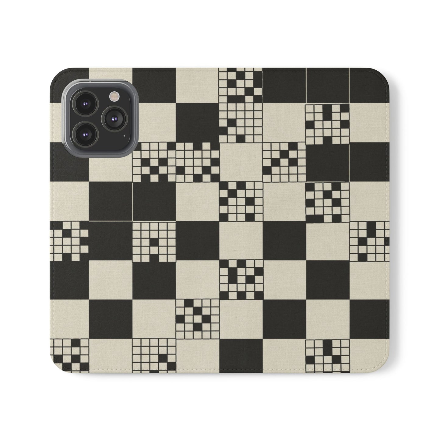 Checkerboard Flip Phone Case – Retro Black & Cream Geometric Wallet Case