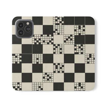Checkerboard Flip Phone Case – Retro Black & Cream Geometric Wallet Case