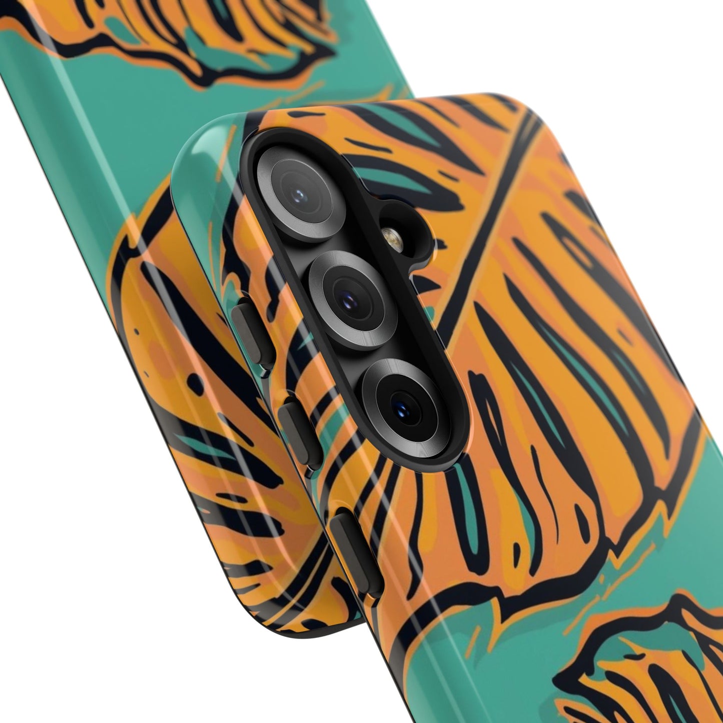 Tropical Leaf Tough Phone Case — Orange Monstera Design on Teal
