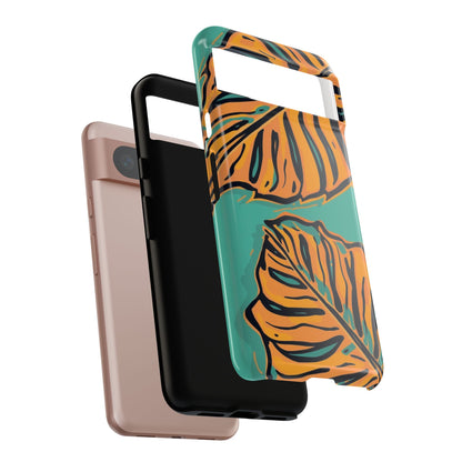 Tropical Leaf Tough Phone Case — Orange Monstera Design on Teal