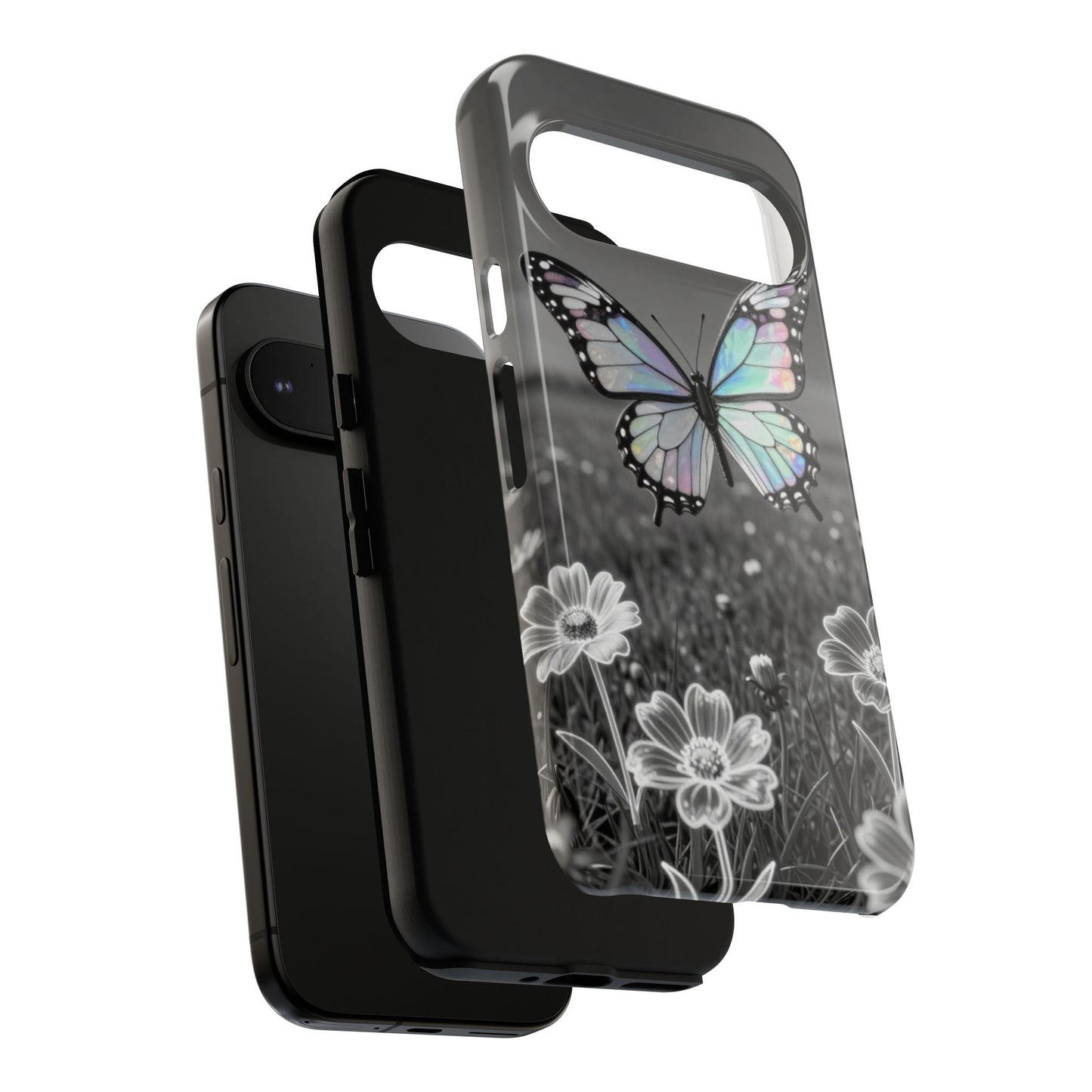 Butterfly Field Tough Phone Case — Pastel Holographic Butterfly on Black & White Floral Background