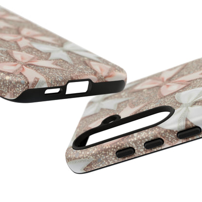 Glitter Bow Tough Phone Case — Pink & White Ribbon Protective Cover