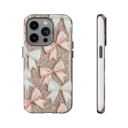 Glitter Bow Tough Phone Case — Pink & White Ribbon Protective Cover