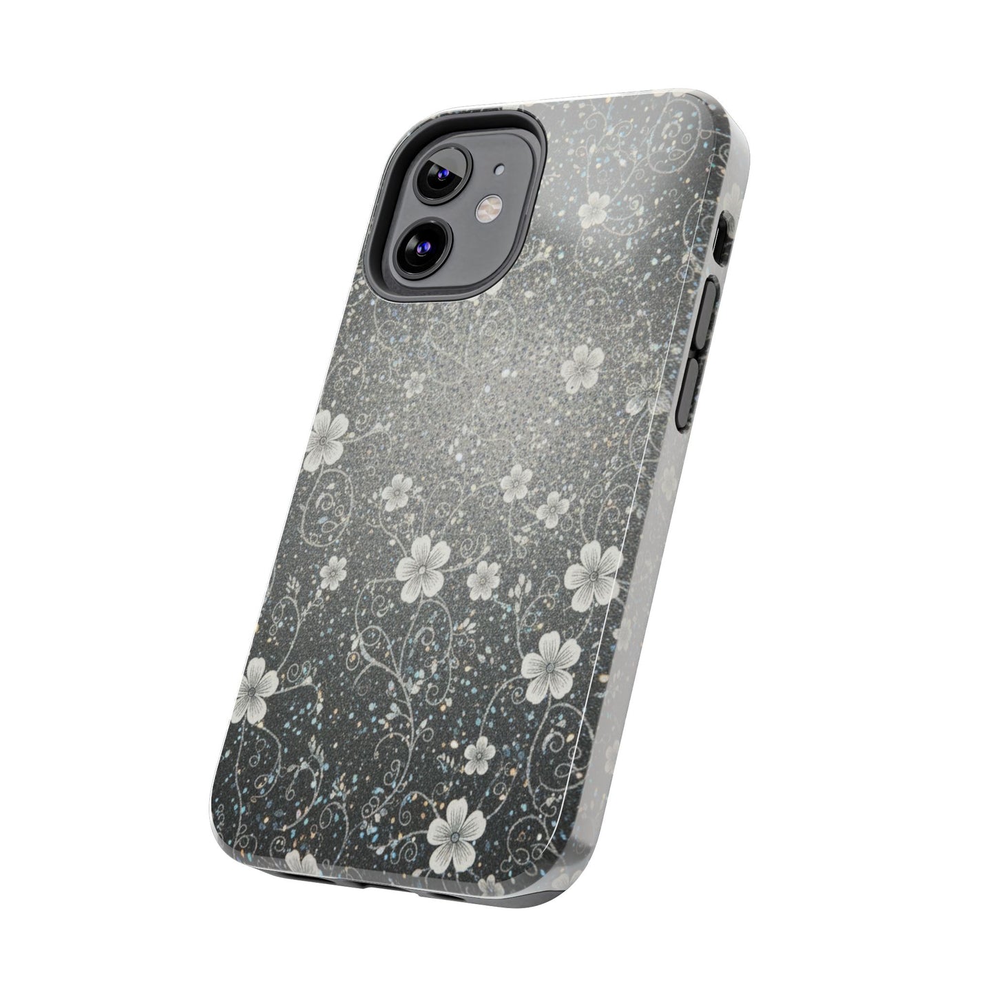 Floral Sparkle Tough Phone Case — Black & Silver Vintage Blossom